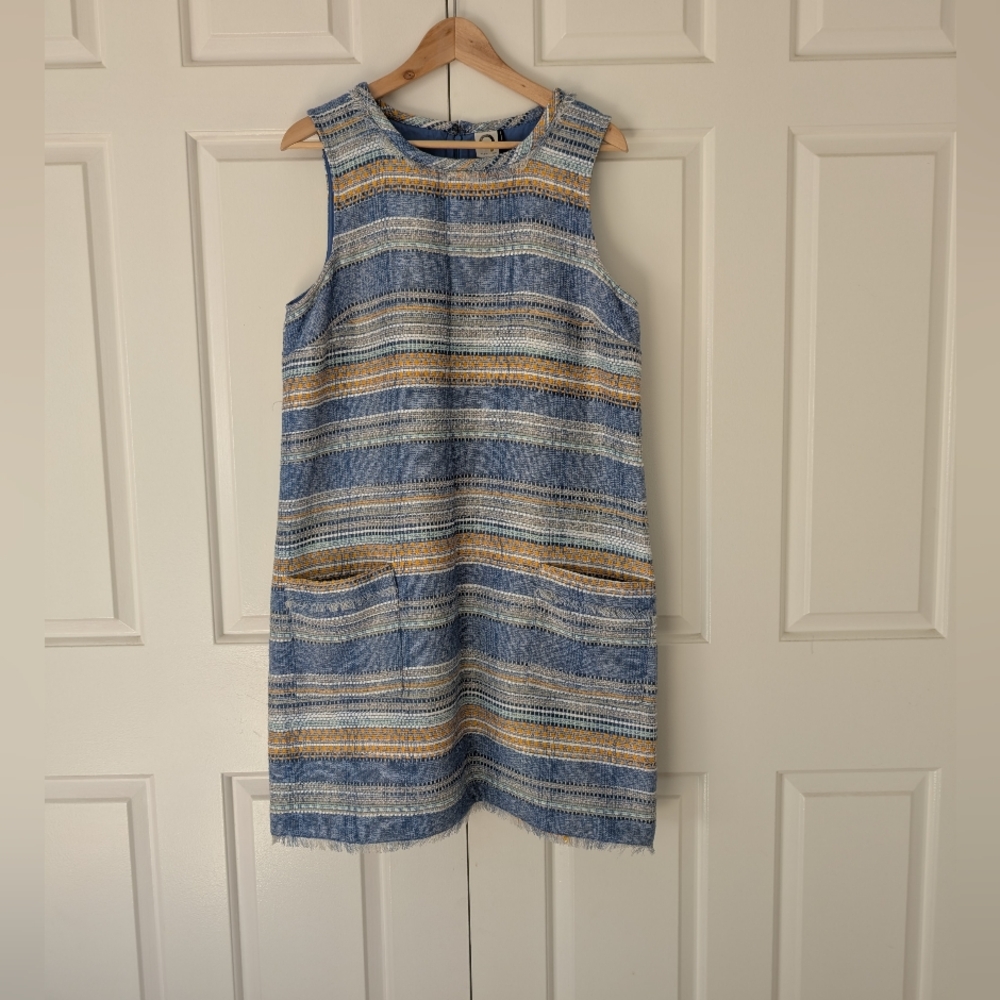 Anthro Akemi Blue Striped Fringe Sleeveless Shift Dress